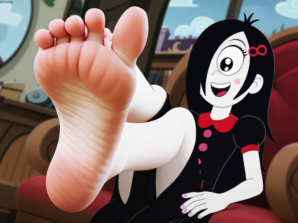 score_9, iris, one-eyed black hair, dress. feet, feet fetish, foot focus, 5 toes, toes, tease,