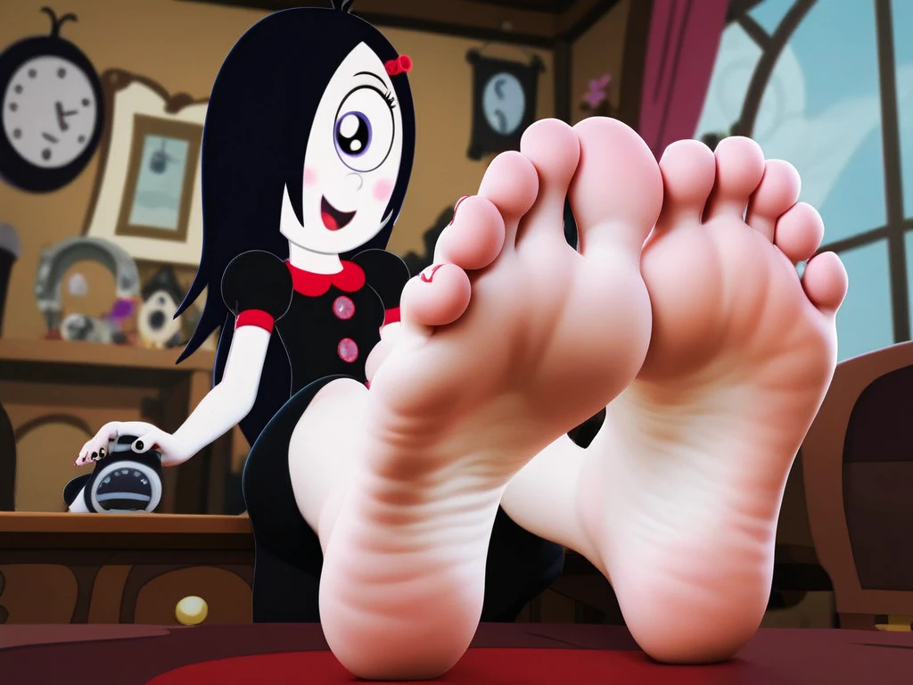 score_9, iris, one-eyed black hair, dress. feet, feet fetish, foot focus, 5 toes, toes, tease,