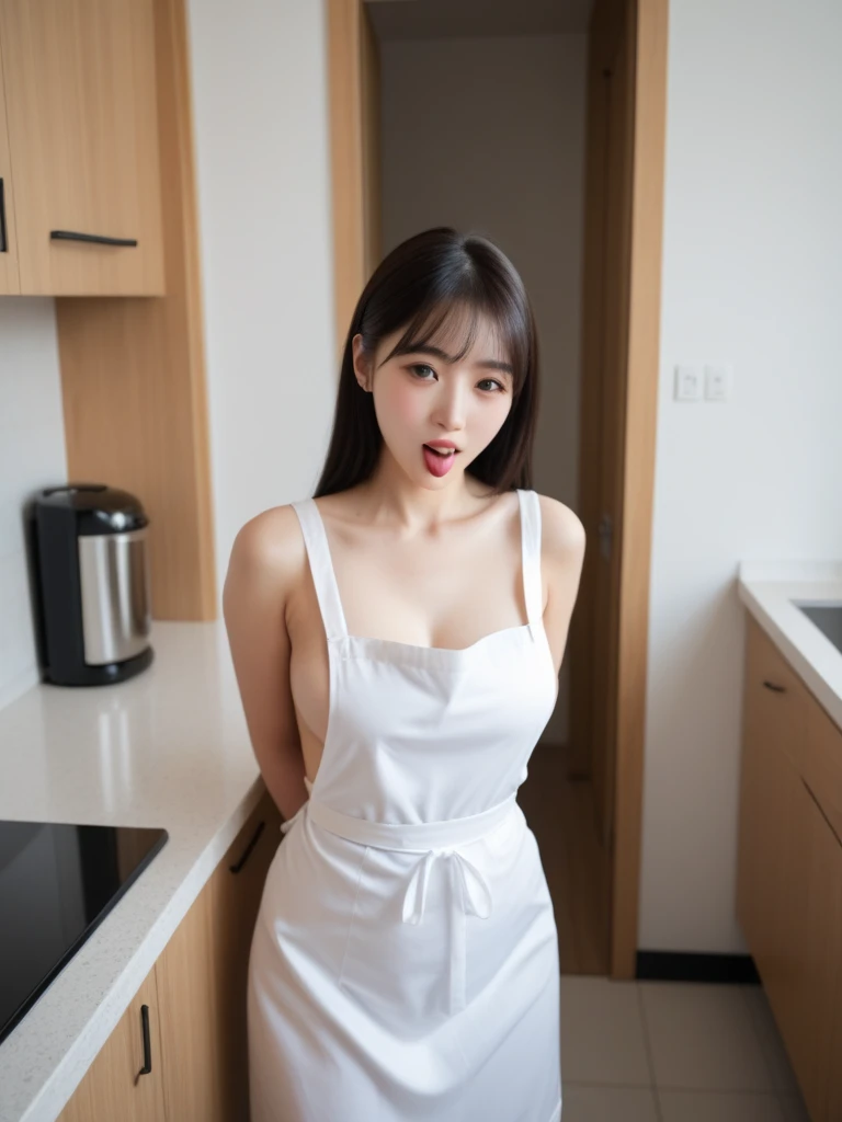 (Highest quality, 8K, masterpiece: 1.3), Beautiful woman with perfect figure: 1.4, Dark brown hair, Wearing a pendant, Wearing an apron, In the kitchen, Highly detailed face and skin, Fine grain, double eyelid, Big Breasts
