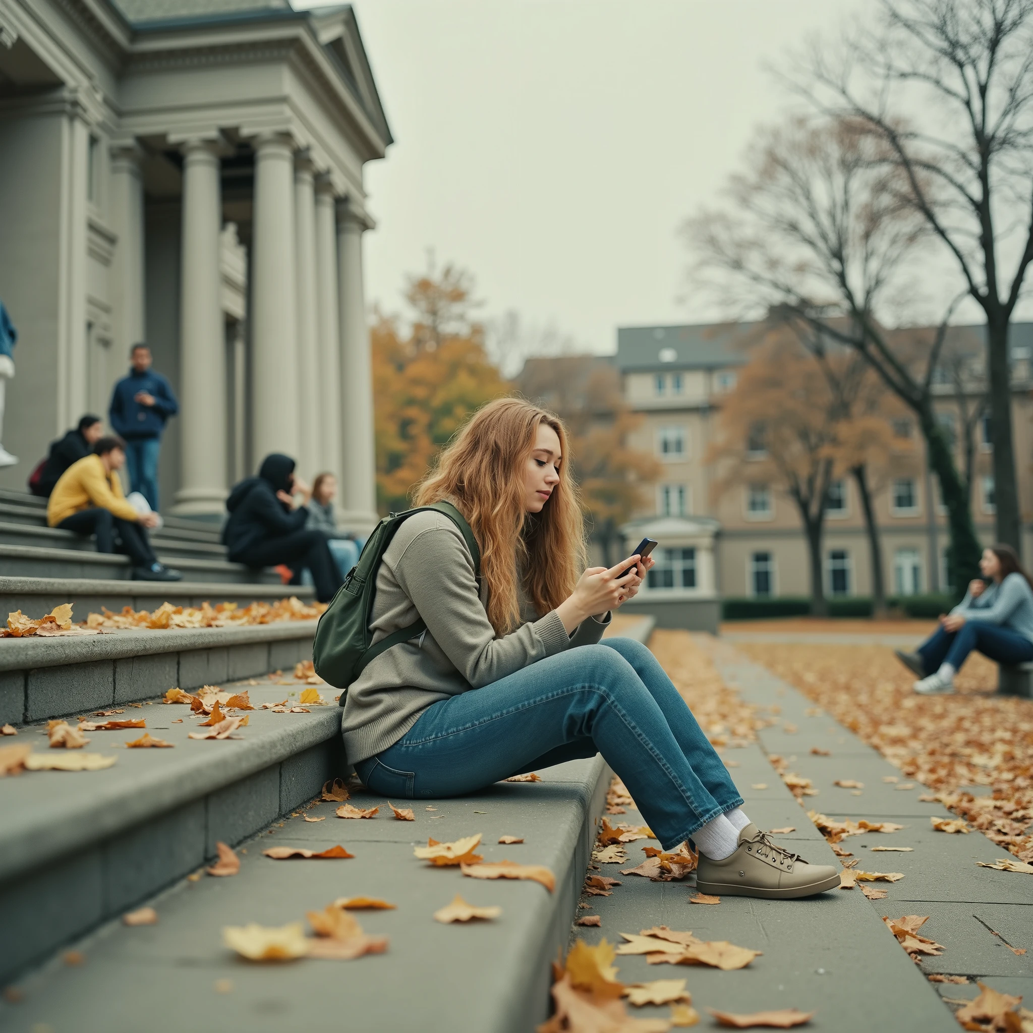 A low-angle frontal view of a young woman with long, thick, peach-blonde curly hair, sitting casually on the stone steps of a classically designed university building. She is wearing light denim overalls over a black sleeveless T-shirt, conveying a youthful lightness and mischief. She is using her smartphone, with a soft, calm smile, oblivious to the camera. Her appearance is clean and natural—no tattoos or piercings—reinforcing the freshness and simplicity of the scene. The camera uses a soft focus effect, giving the image a minimalist, ethereal, and cinematic aesthetic. In the background, other students walk or sit on the steps, all out of focus, creating a lively but low-key university atmosphere. It is autumn: dry leaves in shades of yellow, orange, and copper are scattered across the steps and ground. A few leaves fall gently in the air, captured in soft focus. The surrounding trees show sparse orange leaves, under a clear blue sky with wispy clouds. The lighting is natural and diffuse, typical of autumn days, with soft shadows and a subtle golden glow. The composition features a character with shallow depth of field, 35mm lens style, and color grading inspired by independent films. The overall atmosphere is poetic, contemplative, and cozy, conveying the lightness of youth amid the transition of seasons. --ultra-realistic style, soft focus, shallow depth of field, 35mm lens, diffuse natural autumn light, warm tones, falling leaves, independent film color grading, blurred background figures, cinematic mood.