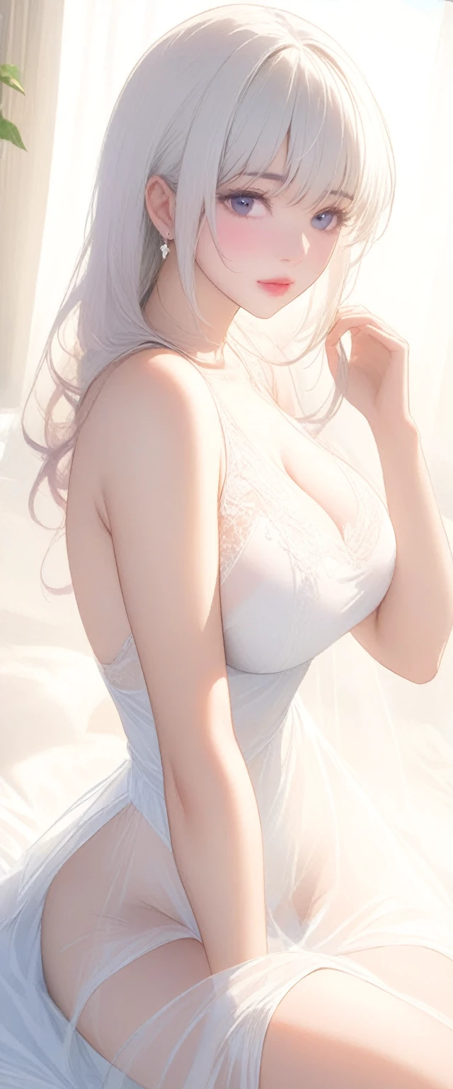 ((masterpiece, best quality, ultra-detailed, ultra-HD, photorealistic, cinematic)), ((alluring female model as Frieren)), (petite, female Elf with green eyes and long white hair tied into two pigtails), (large, pointed ears), (voluptuous body), perfect body, sexy body, perfect face, perfect hands, (medium-size cleavage), round ass, long round legs, (wears white elven dress), (gradient background:1.2), (sensual pose:1.2), (wide shot, from above:1.2), (lying face down:1.3)