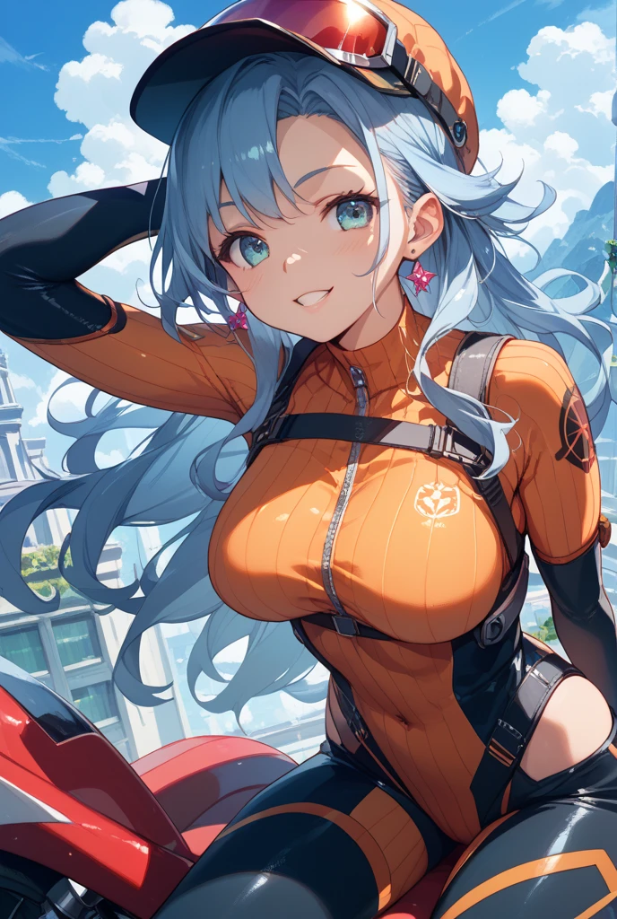 Masterpiece, beautiful art, professional artist, 8k, art style by sciamano240, very detailed face, detailed hair, detailed clothes, detailed fabric, 1girl, perfectly drawn body, beautiful face, long hair, light blue hair , very detailed blue cat eyes, romantic smile, wearing sports bike suit, rosey cheeks, city setting, model headshot , zoom in face, show details in eyes, upclose view, looking at viewer,