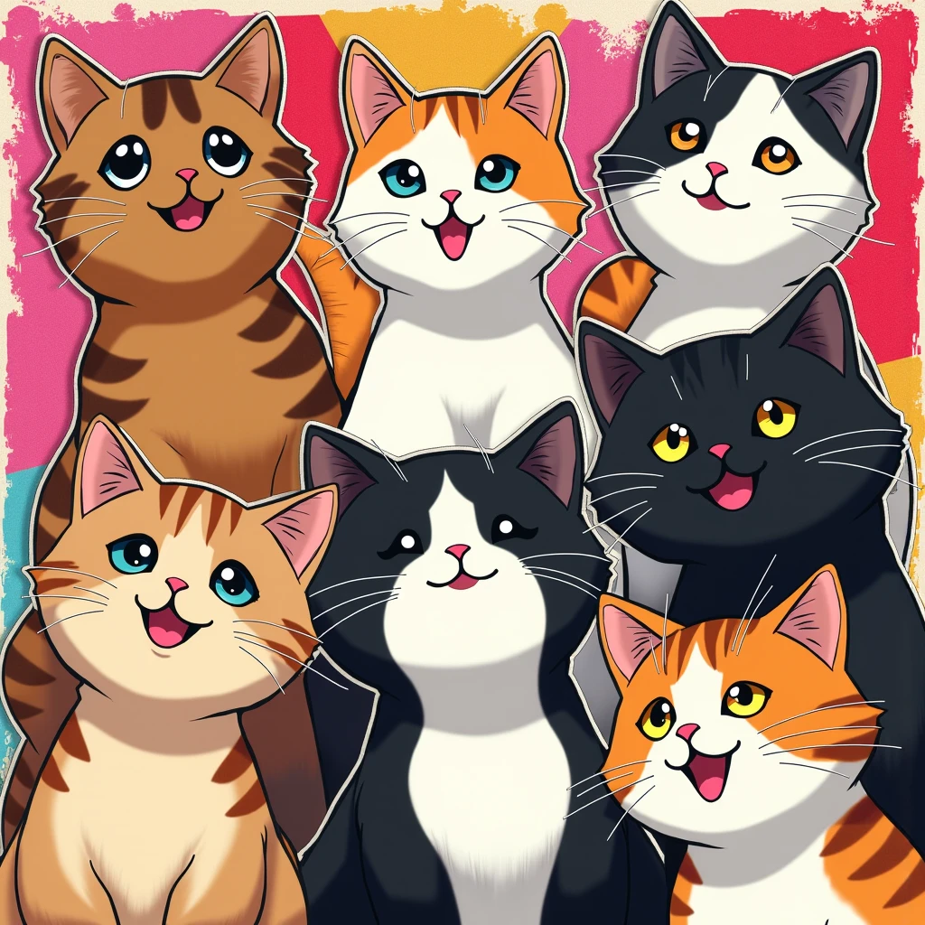 ((masterpiece, highest quality, completion rate: 1.4), 4K, (grid display), collage art, Andy Warhol, uneven frame layout, anime style, face focus, cat character, whole body, anthropomorphic, small, brown tabby, white cat, calico cat, black cat, various expressions, joy, anger, sadness, happiness, chibi, cute, emotion picture book