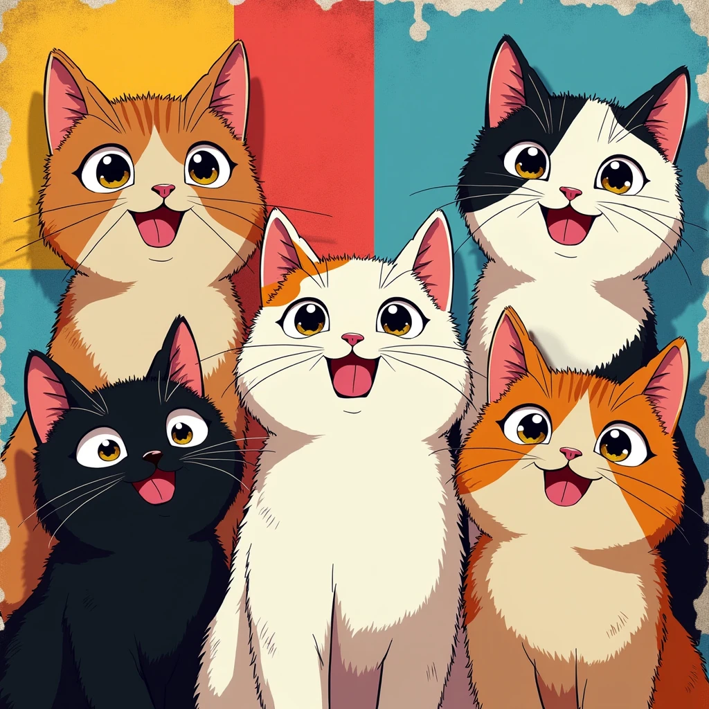 ((masterpiece, highest quality, completion rate: 1.4), 4K, (grid display), collage art, Andy Warhol, uneven frame layout, anime style, face focus, cat character, whole body, anthropomorphic, small, brown tabby, white cat, calico cat, black cat, various expressions, joy, anger, sadness, happiness, chibi, cute, emotion picture book