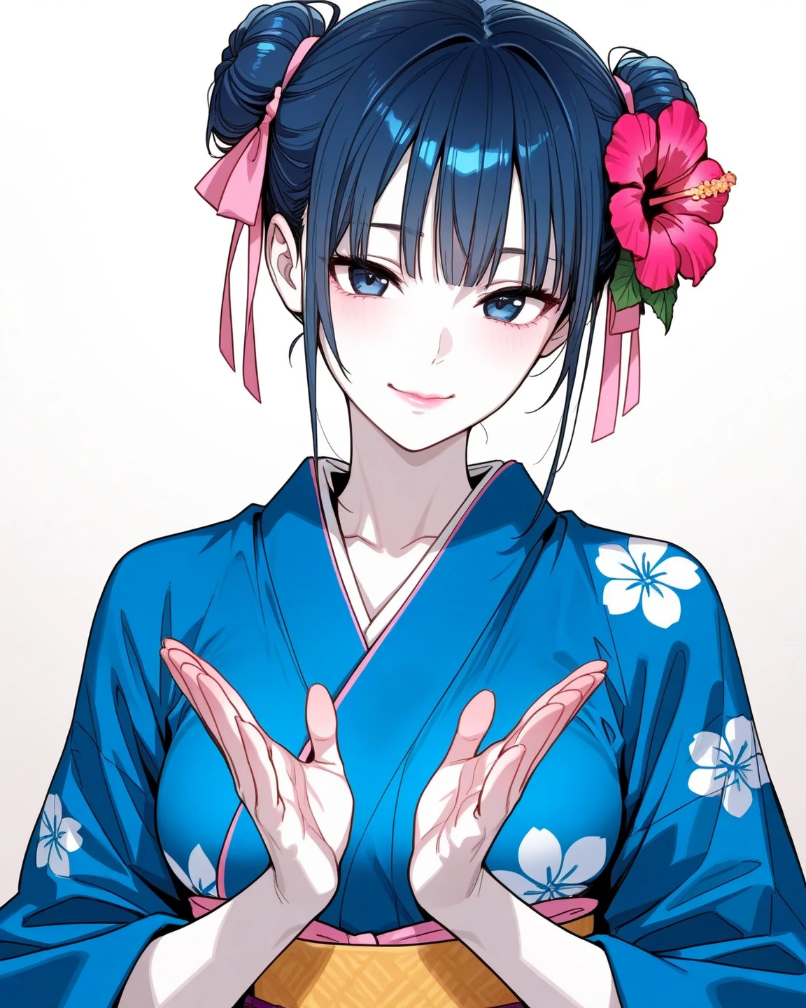 (high-quality, breathtaking),(expressive eyes, perfect face) (((yukata, sexy lips)), 1girl, female, solo, young adult, pale dark blue hair, pink coloured eyes, stylised hair, gentle smile, short length hair, loose hair, side bangs, japanese clothing, elegant, soft make up, hair pin accessory in hair, oiran, slightly big breasts, demon slayer art style