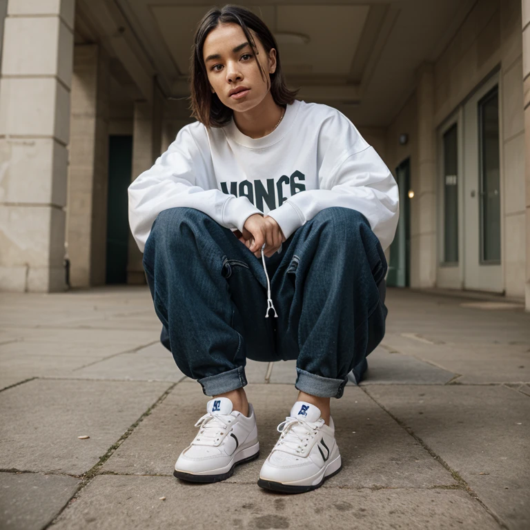 mulher arafed sentada em degraus com uma mochila e uma bolsa, she is wearing streetwear, mulher no streetwear, Banho turco de Imaan, inspirado em Esaias Boursse, cool looking, desgaste - estilo branco, - Shanina Shaik como Medusa, blogueira streetwear feminina, Ashteroth, INSPO, Cerveja Madison, usando camisola e botas