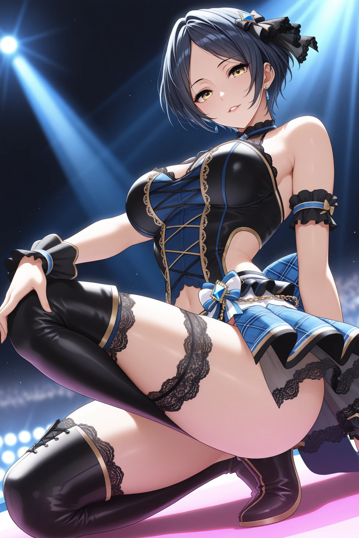 Maki Nishikino、(club with bright lights) 、40 year old mature woman wearing kinky underwear, fusultiple gender、five fingers, mini skirt, sit on a chair with your legs wide apart.、M-shaped legs、best quality, thighs、laugh, blazer, blouse,black bra、 black panties, thighsと股間が蒸れてる 、big ass、太いthighs、Woman feels sexually aroused、(((club with lights))), reach orgasm, (Pink nipples exposed), Big tits and ass