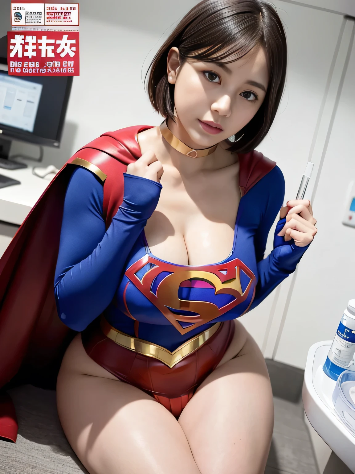 masterpiece、Rubber Supergirl Costume、short hair、barefoot、Big and ample breasts、looking at the camera、choker、Long sleeve、Cape、mini skirt、Off the shoulder、Sweaty skin、In front of medical equipment at the hospital、Photo magazine cover、Glamorous cleavage、Boasting beautiful legs、High leg leotard、Glamorous bare legs、Nymphomaniac young wife in her 30s、Close-up shot from the front、