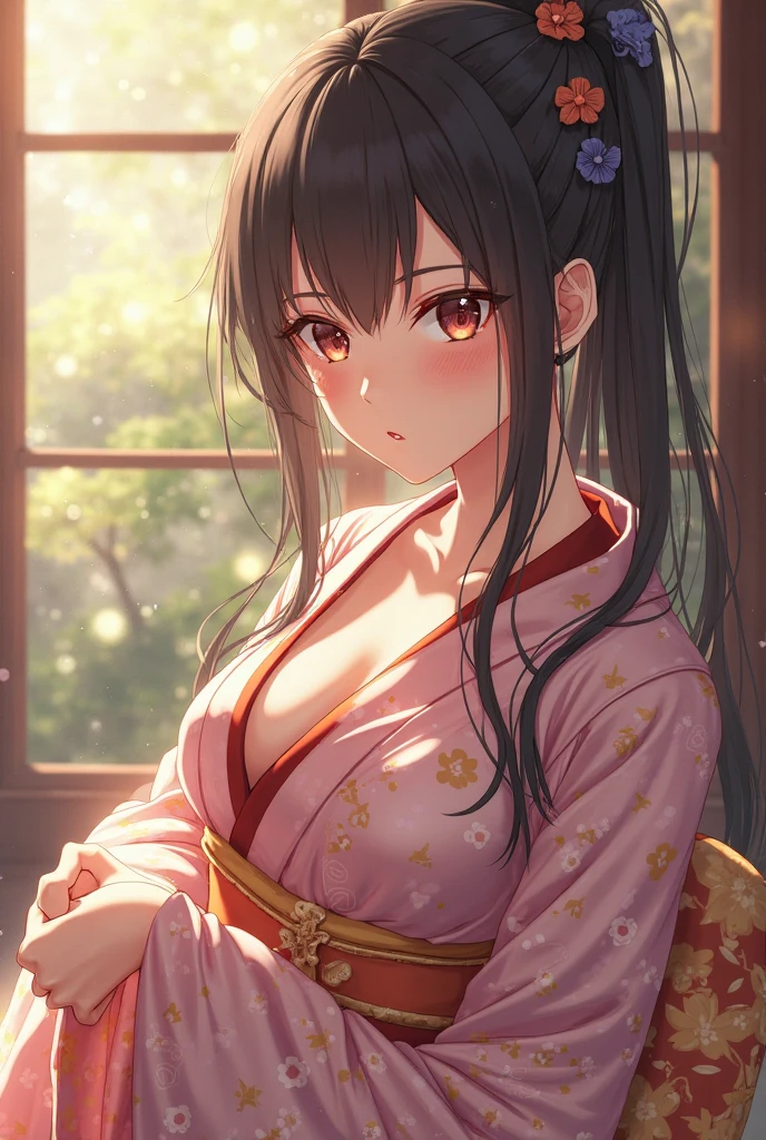 ((highest quality)), ((masterpiece)), ((Perfect Face))、Heart Eyes、Black Hair、Straight Hair、orgasm、Flushed face、Sweaty all over、Ahegao、Hakama with long hem、band、kimono
