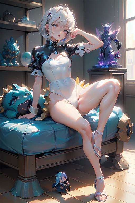 This is an anime style model　NSFW Girls　18-year-old　whole body　Very short　Slender legs are short　The eyes are large　Wolf Ears　White hair short cut　Normal chest　Raise both legs　Spread your legs　Massive tentacle insertion　clitoris　Uterus　Urethra　Sleep on your back　Sweating profusely　PUSSY JUICE　