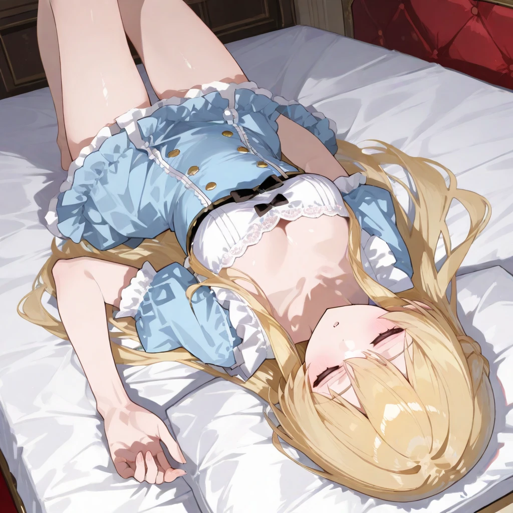 （best quality， masterpiece），full body, 1 girl, solo, mine ,nsfw, details, (Light and shadow oxtail , Cute girl posing on pillow ，standing on pillow, frilled pillow, lace pillow, large pillow，（pillow), LatifaFleuranza, blonde hair, blue eyes, very long hair, tiara, LatifaPajama, pajamas