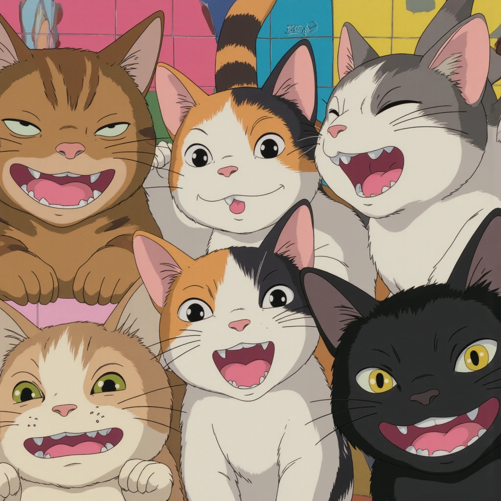 ((masterpiece, highest quality, completion rate: 1.4), 4K, (grid display), collage art, Andy Warhol, uneven frame layout, anime style, face focus, cat character, whole body, anthropomorphic, small, brown tabby, white cat, calico cat, black cat, various expressions, joy, anger, sadness, happiness, chibi, cute, emotion picture book