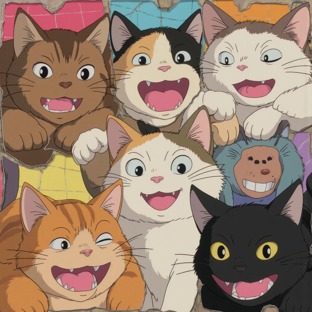 ((masterpiece, highest quality, completion rate: 1.4), 4K, (grid display), collage art, Andy Warhol, uneven frame layout, anime style, face focus, cat character, whole body, anthropomorphic, small, brown tabby, white cat, calico cat, black cat, various expressions, joy, anger, sadness, happiness, chibi, cute, emotion picture book