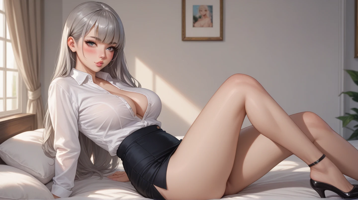 shenhe, 1girll, 独奏, ((white shirt)), black thighhigns, nedium breasts,Re-emulsification, 校服, office backdrop, a black skirt, pleatedskirt, office room, hair between eye, hair adornments,big cleavage breasts, long whitr hair, looking at viewert, silber hair, braidedhair, silver short nails, Silver eyes, 独奏, Thighs, Thighs, upper legs, long whitr hair, ((tmasterpiece)), Sat down, a chair, Study desk, Computer on the desk, name badge, ID tags, inside in room, Be red in the face,A sexy pose,sensual breasts,Larger bust,(Lively breasts),Larger breasts:1.5,breasts out,The breast is exposed,Belly exposure,Slender abs:1.3,Sexy buttocks,鎖骨,The expression is shy