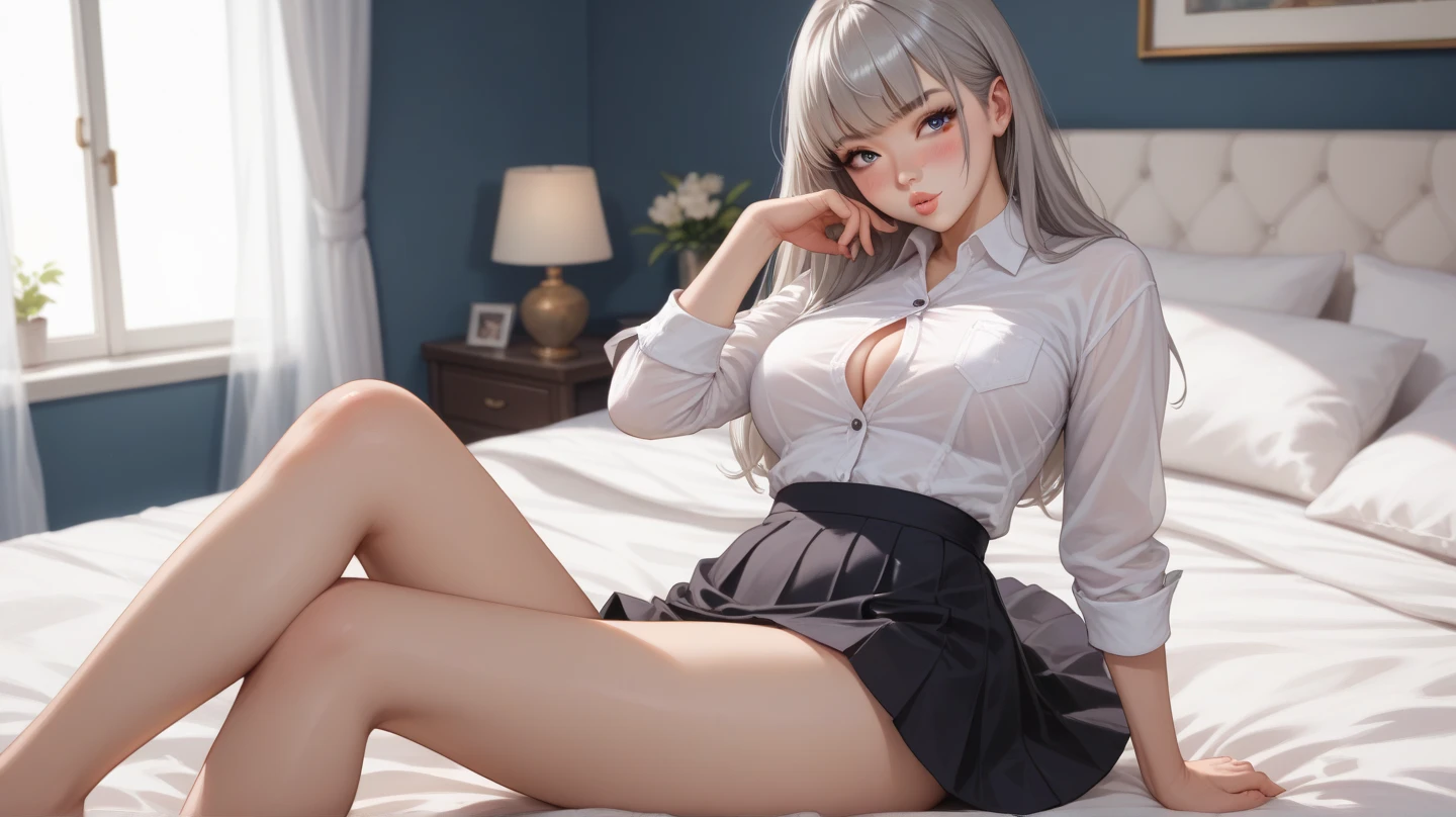 photorealisim、top-quality、超A high resolution、a picture、Exquisitely beautiful photos of Scandinavian-born women、Extraordinary beauty、Highlights of cheek luster、perfectbody、Biologically accurate、Detailed cute and beautiful face、(pureerosface_v1:0.008)、Beautiful bangs、Glowing white shiny skin、Bangs between the eyes、shiny and beautiful hair、Silky hair、finer hair、High-definition eyes、Beautiful, Bright and clear, Big eyes shine charmingly、eye liner、Double eyelids、Full body like、dismay、red blush、embarrassed from、glares、 shiny little necklace and earrings, shiny lips: 1.4,  humiliated、impatience、dismay、（Frightened:1.8）、glares、Soft breasts、cleavage of the breast、hiding chest with hands、hide crotch with hands、lift up one's skirt、red blush、embarrassed from、I see underwear、Open knees、open one's legs、???????????? behavior、Disheveled clothes、Dressing、White blouses、Stockings、Wearing sweat、Neat and clean woman,22 years old, 1 persons、（Dark blue suit: 1.8),（tight skirts:1.8）、???????????? behavior、sexual excitement、a large amount of white mucus、Wavy Hair, bangs flowing diagonally, Medium Hair,、a blond、White-silver hair、Brown hair、Blue-gray eyes、 In the hotel in the middle of the night, Sit on the bed、
