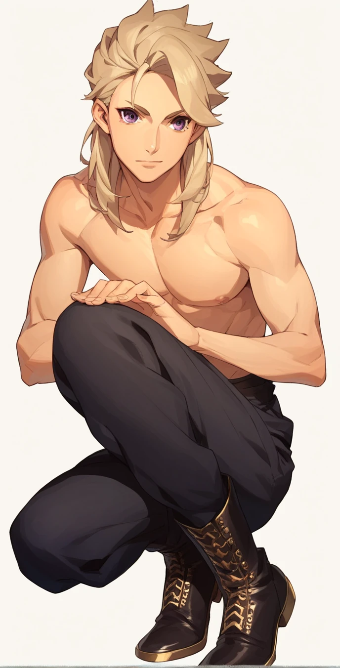 One male, shoulder length hair, tousled hair, blond, blond hair, dark blue eyes, tall, athletic, bare chest, boxer briefs, handsome face, stubble, highest quality, masterpiece, 2d, anime, perfect face, highest detail, stubble, wavy hair, sat on bed shot, intricate details, full body, room interior, solo, sultry smile, blushing
