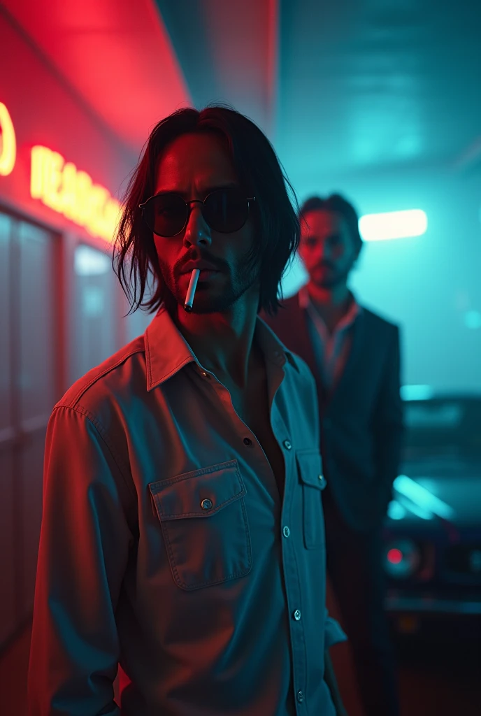 Me in a classic shirt, sunglasses, smoking in a foggy, neon-lit lounge. Classic car, looking at the camera - fisheye, soft flash. Keeping my real face. 4:3 and behind me is the John Wick actor.