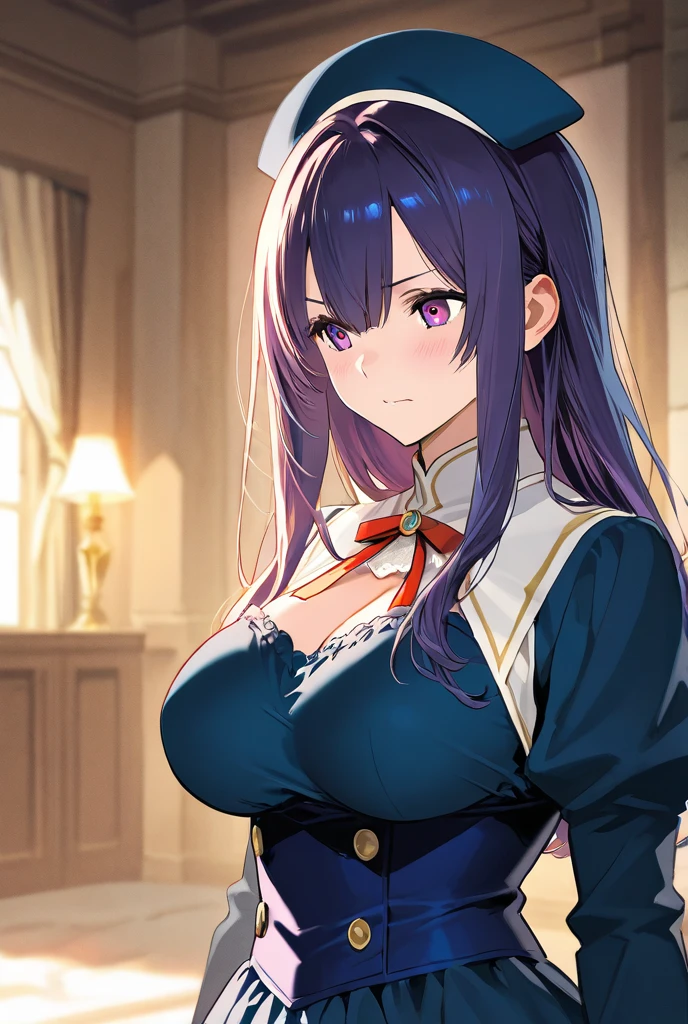 ((masterpiece)), ((best quality)), (ultra-detailed), absurdres, extremely detailed CG unity 8k wallpaper, Official Art, beautiful face, expressive eyes, solo, 1girl, mature female, milf, motherly, narrow waist, huge breasts, wide hips, sharp eyelashes, lips, aqua hair, red eyes, hair between eyes, medium hair, (DefNat, dress, black bodysuit, belt, single gloves, puffy sleeves, red ribbon, single gloves, elbow gloves, belt, pantyhose), scenery, clinic, illustration, dramatic lighting, sitting, smile, ((masterpiece)), , absurdres, HDR