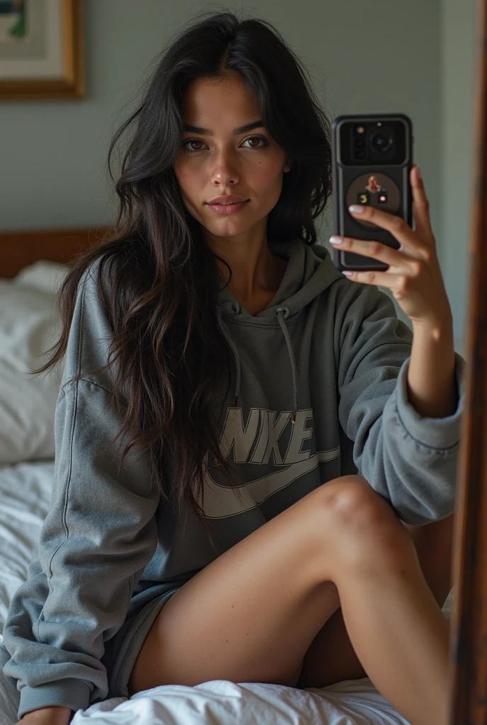 there is a woman sitting on the floor taking a photo of herself, green background, aesthetics, a girl taking a photo in the mirror in her room, make sure she is very beautiful, she has a realistic skin texture and a fit and well body toned, slightly large breasts, sexy, big ass. ultra hd quality
