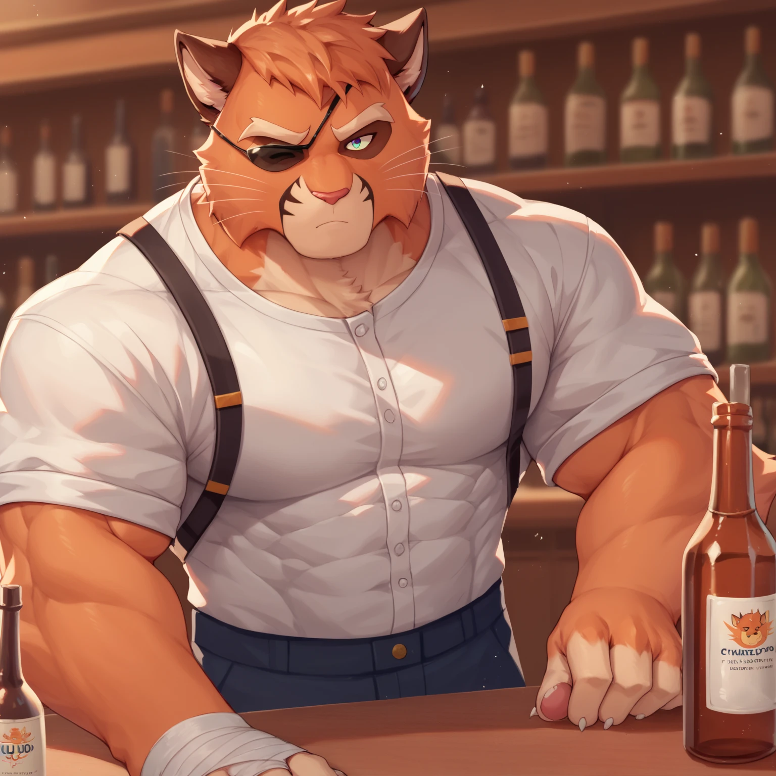 un primer plano de una persona sentada en una silla con un vaso, pecho peludo, POV arte furry, Winston de Overwatch, cuello grueso y peludo y pelusa en el pecho, Thicc, pecho esponjoso, (SFW) Seguro para el trabajo, commission for high resolution, fullbody commission for, Detalles pesados, Personaje peludo, cuerpo peludo, Cuerpo bacanal de grasa fuerte, Cuerpo completo altamente detallado