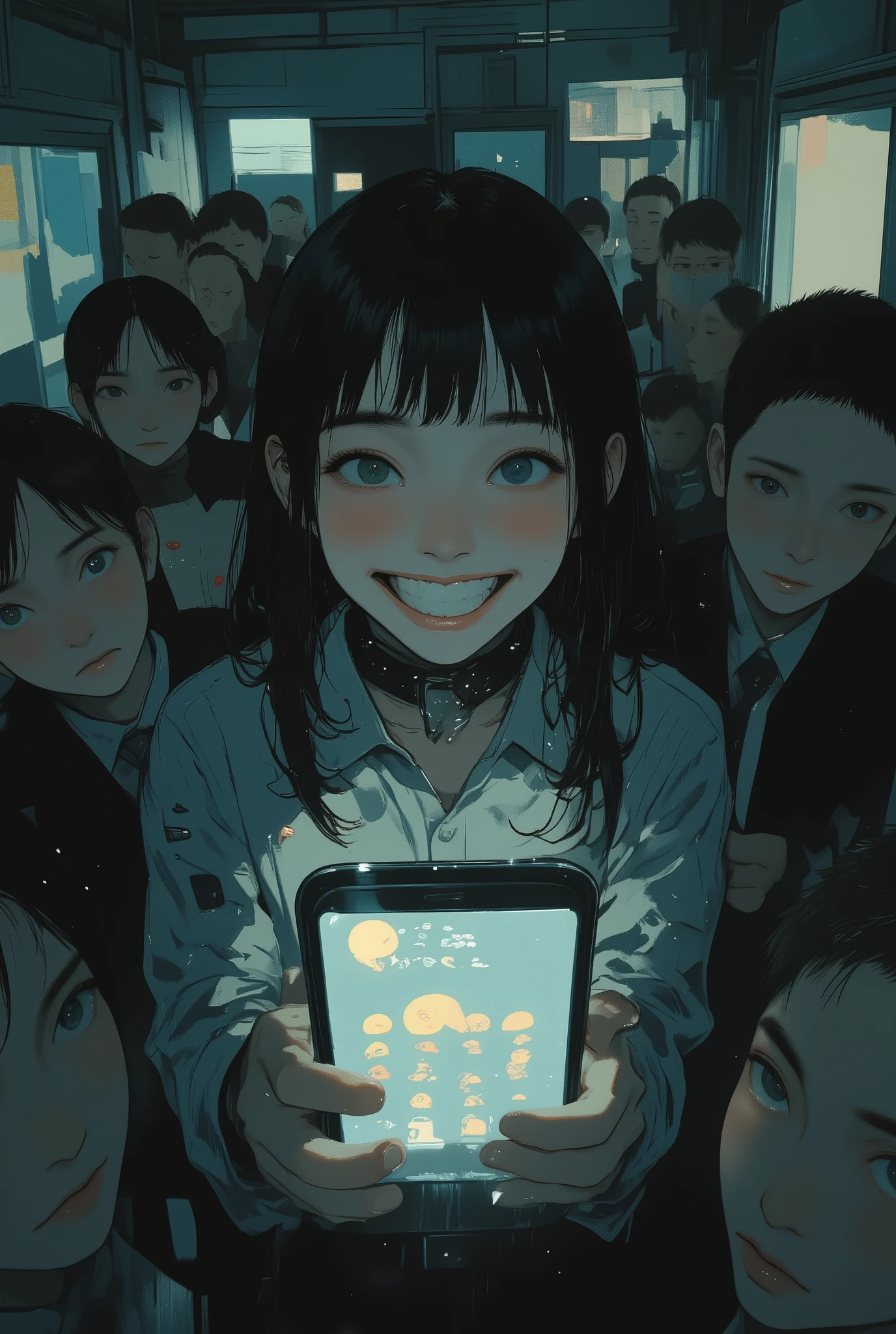 cinematic photorealistic scene of a person standing in a tense or somber environment, holding a smartphone with a glowing screen that displays an "Emotion Selector" app, the selected emotion set to "Laughter," the person’s face frozen in a wide, unnatural grin with slightly teary eyes, their smile exaggerated and unsettling, people around them looking confused or disturbed, dim lighting with cold tones, eerie mood with subtle glitch effects around the phone, strong visual contrast between forced joy and the inappropriate setting,aidmamj6.1
