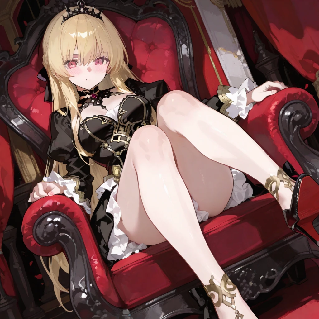 (mastepiece:1.2), detailed fingers, beautiful woman, intricate details, blonde hair, quad drills, crown, Maid Apron, long skirt, Sitting on the throne, Cross her legs and, lean back, Knee-high stockings