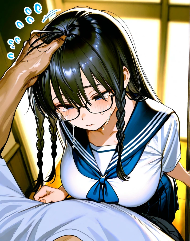 from below、(background bokeh)、(no background)、Super detailed illustrations、Super precise expression、masterpiece、highest quality、ultra High resolution、High resolution、1 girl、penis、Blowjob、Blowjobチオ、big breasts、(Sweat、body fluid)、sailor suit、shiny skin、Ahegao、(black hair:1.3)、(long hair、Braid、Glasses)、arm behind head、(Mommyfy)、