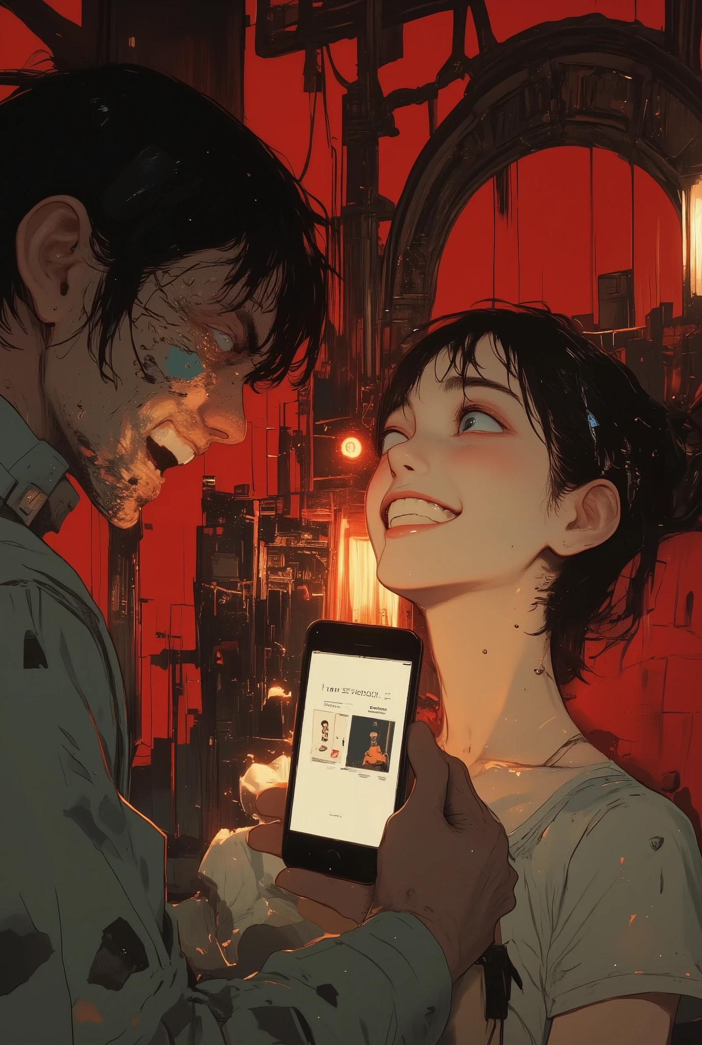 cinematic photorealistic scene of a person being yelled at up close by another angry individual, veins visible and face twisted in rage, while the main subject remains completely relaxed, reclining slightly in a chair or sitting calmly, a peaceful smile on their face, holding a smartphone showing the "Emotion Selector" app set to "Calm," warm light softly illuminating their face, while the angry person is framed in harsh shadows and red tones, intense emotional contrast and surreal atmosphere,aidmamj6.1