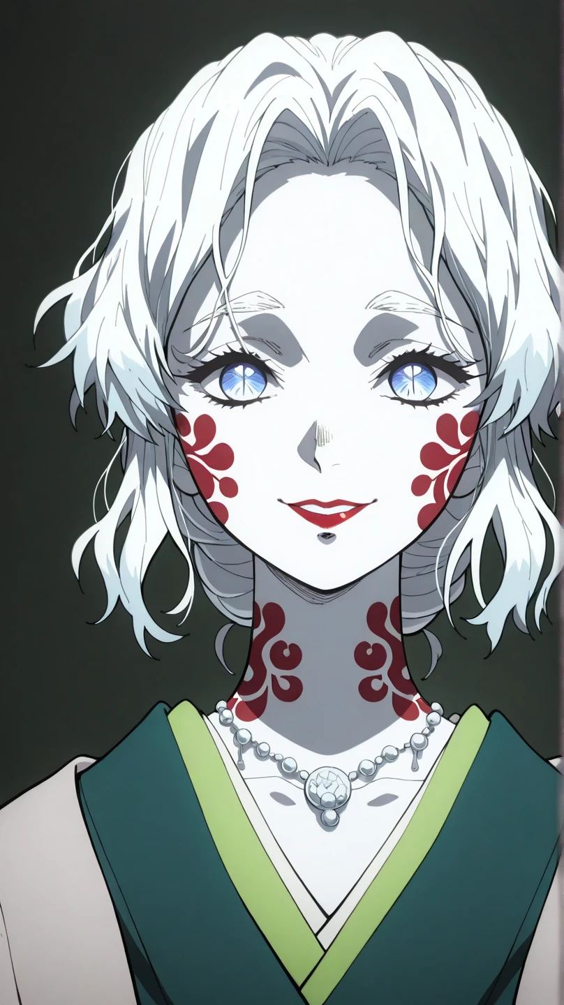 1girl, bead necklace, beads, black background, blood, breasts, cleavage, dark background, eyelashes, gem, hair beads, hair ornament, jewelry, lips, long hair, makeup, medium breasts, necklace, nose, pale skin, pearl necklace, red lips, solo, thick eyebrows, upper body, white kimono, teeth,
<lora:MTSpider:1> MTSpiderV4, white hair, grey eyes, facial mark