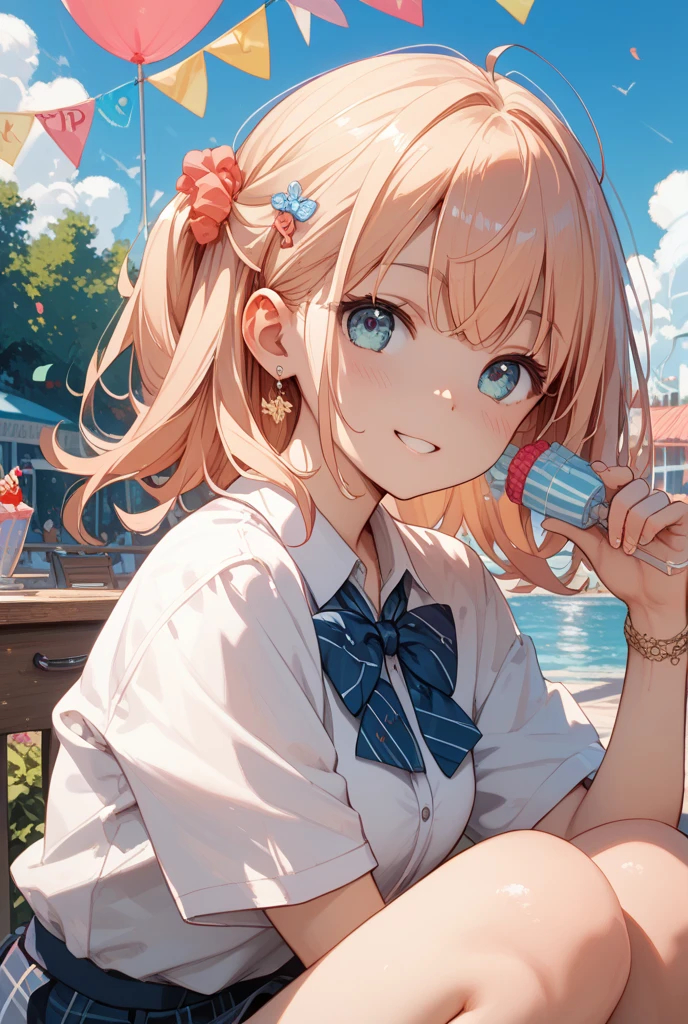 (masterpiece, top quality), 1 girl, medium hair, blonde, smile, light blue eyes, ribbon in hair, short-sleeved shirt, mini skirt, blue sky, ice cream, park, lake, coolness, front view, sunshine, forehead,