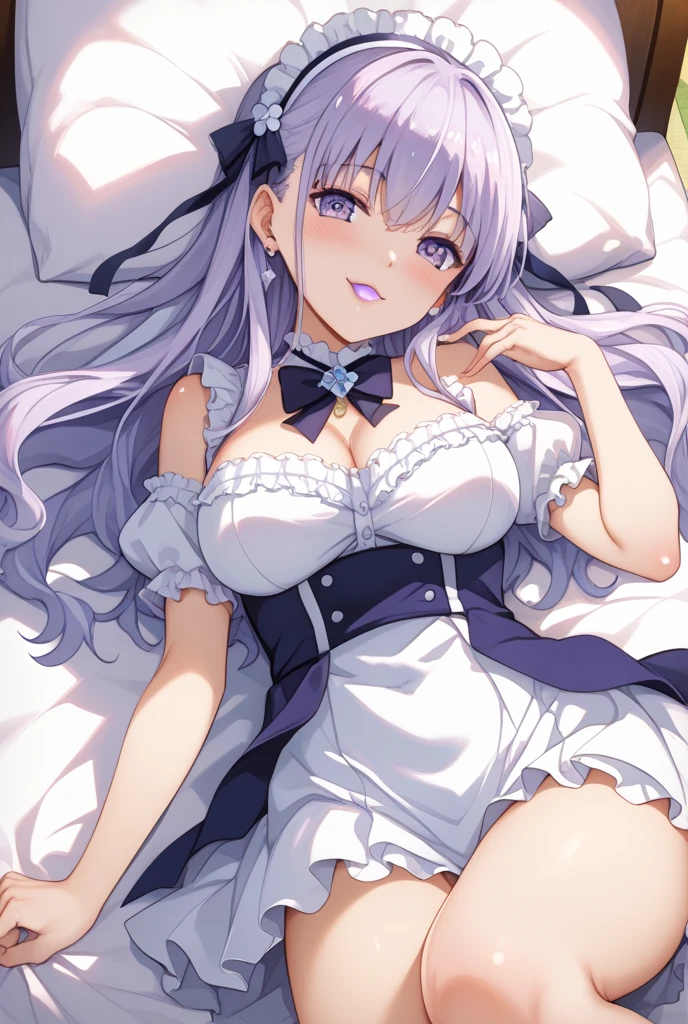Adult Anime Girl 2d Long Hair Loose light Purple-Grayish, Age Adulthood adult, in sexy two pieces babydoll lying over the bed
