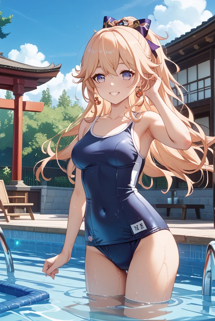 hiquality、top-quality、Full limbs、The ultra -The high-definition、complete fingers、Slender beauty、ssmile、Wearing a shiny school swimsuit、shinny skin、Black knee high、large udder、the setting sun、Dramatic Writing