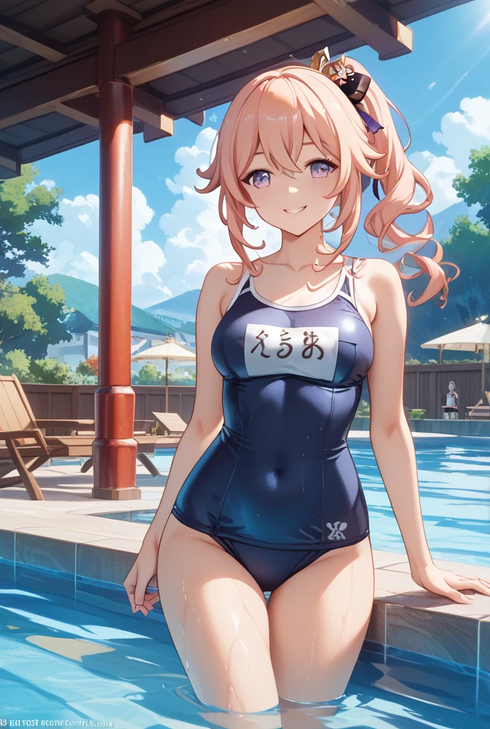 masterpiece、highest quality、Very detailed、Photograph the upper body、1 female、(Arms behind your back:1.4)、Are standing、Turn your body forward、View your viewers、(school swimsuit)、break,blush、shy、Pink Hair、Open your mouth、Sandy Beach、Big Breasts、