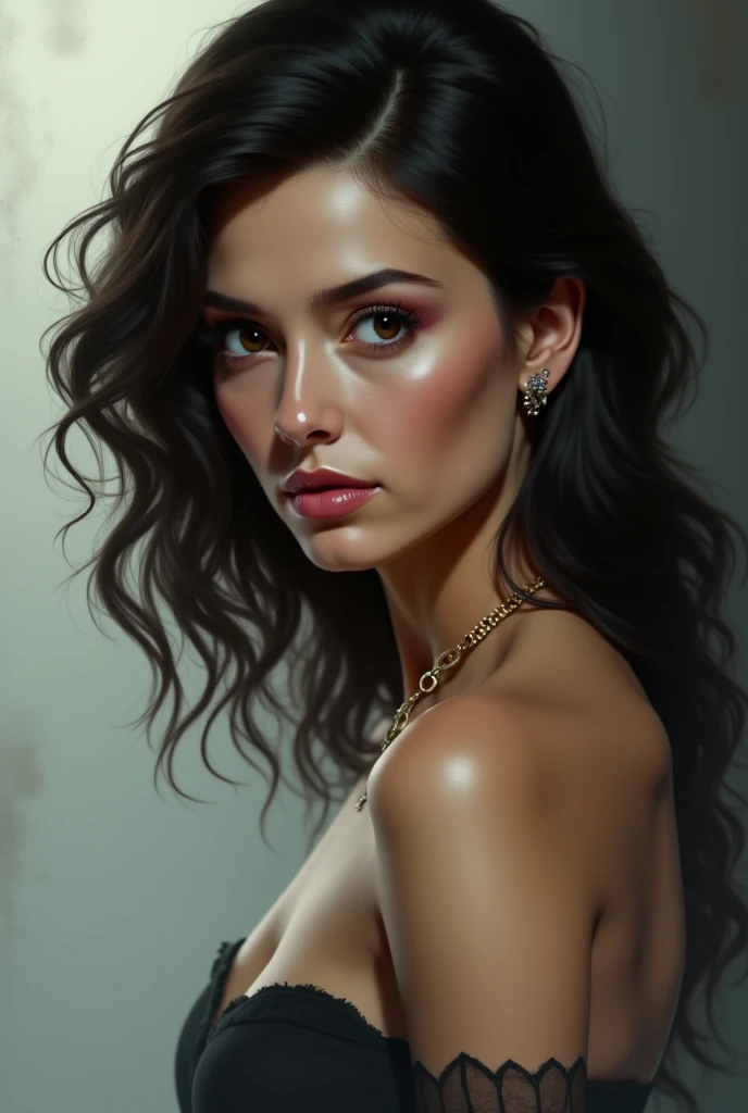A delicate, 3D water color paint shows a full body naked beautiful Persian woman, her features rendered in subtle shading and precise lines. The framing is focusing attention on the subject's sweet face, very big eyes, very high nose, thick and long eyebrow, thin and wide lips, sexy look. Soft, feathery strokes convey the gentle texture of her very short hair, small and firm breasts, bare foot, large pussy,