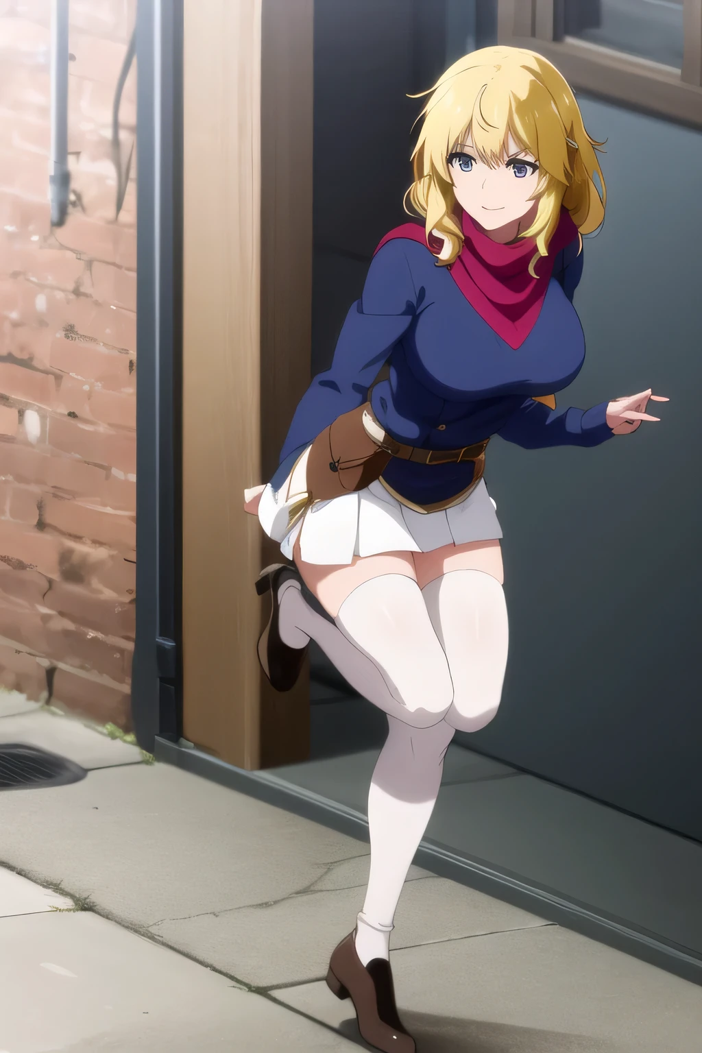 Please wrap a blue scarf around your neck,Wear black two-high stockings on both legs,smile,Please Become Blonde。{{X}},Please draw her expression more delicately,walking alone, city tour ,,(((She's wearing casual tourist attire))), I have a SLR camera ,(Let's draw a more delicate look),(sleeveless wool sweater),( Pleated Legs,white panties),(That work is enough for one person {X} can you draw the perfect balance to suppress destruction)、 That's all it takes,frown。unless work requires it。 {X}、 , An attractive 40-year-old adult woman is jumping out of her uniform, big black wavy hair, , Big Breasts, thin waist , , ,