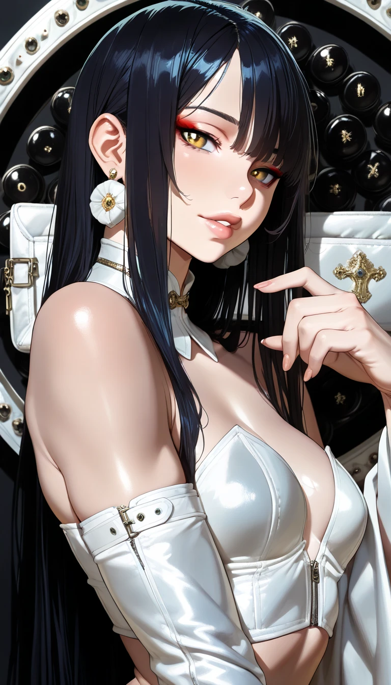 Albedo,White premium background,Promotional poster style,Gorgeous white dress,huge tit,Sexy one-piece stockings,Fleshy thighs,highly rendered,detailed face with