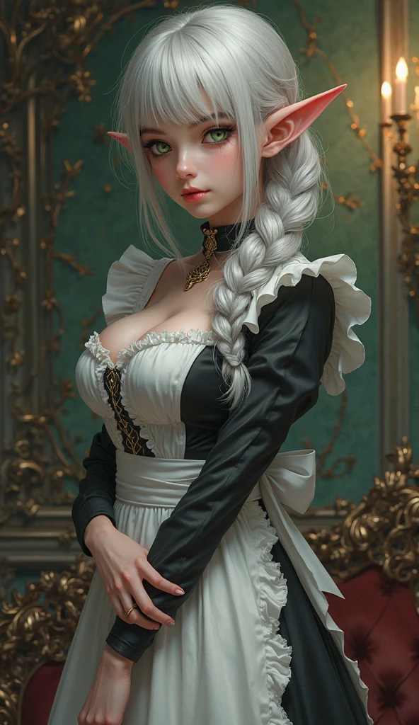 1girll，Short blue half-covered hair，Light blue eyes，Big eyes，Lori huge breasts cleavage，toddlers，gentleness，Black and white Lolita，the maid outfit，Lace white stockings，Look into the camera，Behind you is the rose garden，tmasterpiece，k hd --auto