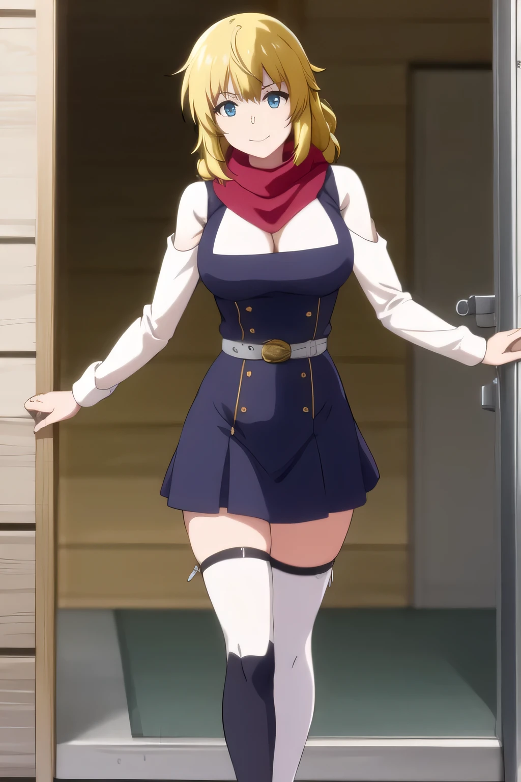 Please wrap a blue scarf around your neck,Wear black two-high stockings on both legs,smile,Please Become Blonde。{{X}},Please draw her expression more delicately,walking alone, city tour ,,(((She's wearing casual tourist attire))), I have a SLR camera ,(Let's draw a more delicate look),(sleeveless wool sweater),( Pleated Legs,white panties),(That work is enough for one person {X} can you draw the perfect balance to suppress destruction)、 That's all it takes,frown。unless work requires it。 {X}、 , An attractive 40-year-old adult woman is jumping out of her uniform, big black wavy hair, , Big Breasts, thin waist , , ,