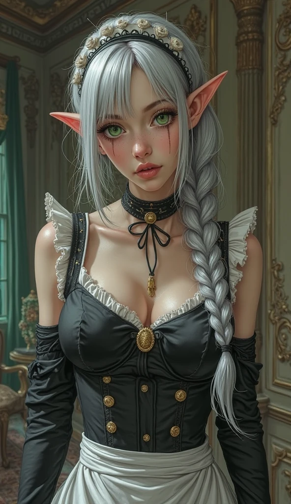 masterpiece, absurdities, (intricate details), (colorful), cinematic lighting, bust shot, extremely detailed CG unity 8k wallpaper, full apron, nude, naked apron, kitchen, blushing, looking at viewer,tall white woman, pale skin, long white hair, black clothes, blind eyes, long white dragon horns,Beautiful young white-haired woman with piercing red eyes, half smile with full lips, black nails, barbed wires everywhere (coiled black barbed wires),,sweat on her body,.detailed eyes, detaield hands, detailed face, elf woman, full body