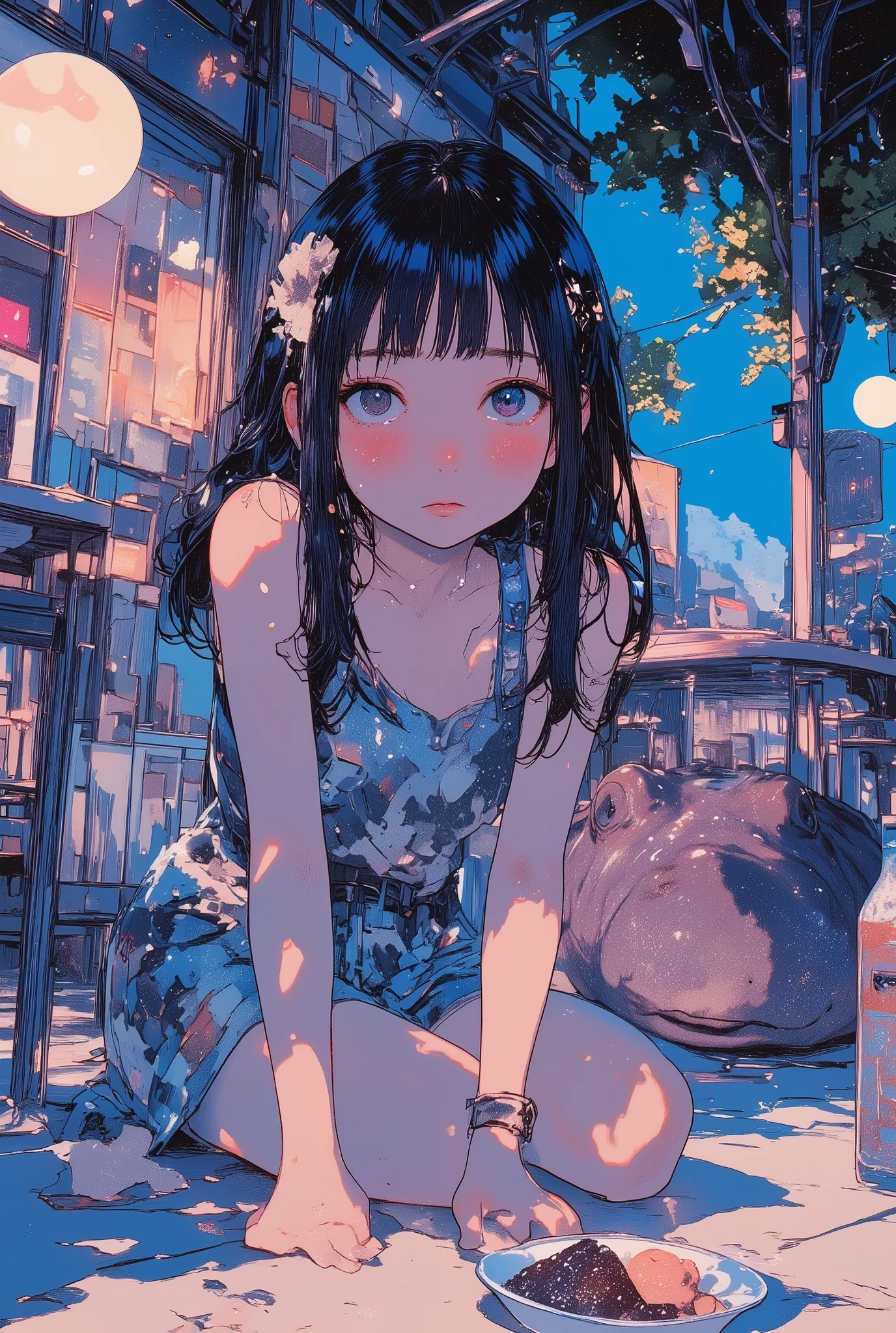 anime-style illustration, a young girl with long dark hair in a summer dress, kneeling on the ground of a café terrace, crying her eyes out with large tears streaming down her cheeks, her face full of heartbreak and despair, magical energy subtly cracking around her as if reacting to her sorrow, in front of her is a tipped-over table and an empty dish where her ice cream once was, a large hippo nearby looking awkward with ice cream on its mouth, vivid and emotional color palette with soft blues and purples, cinematic lighting, highly expressive and heart-wrenching scene, ultra detailed, aidmamj6.1