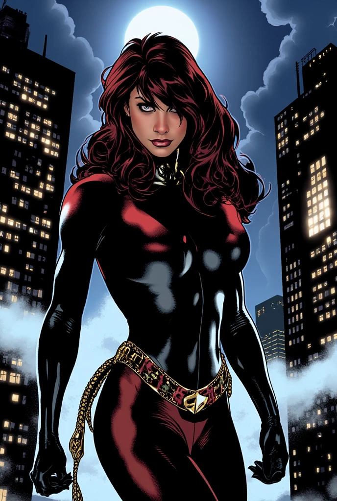 Jennifer Love Hewitt、masterpiece、High quality 4K、villain (X-Men)、Gothic Girl、Sculpted Body Gothic Makeup、Black jacket、Red and blue bodysuit、masterpiece、highest quality、Cowboy Shots、one personの女の子、one person、Technology Military Bodysuit、fringe