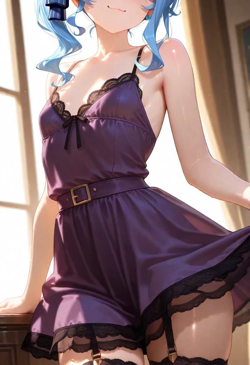 ((masterpiece)), ((best quality)), ((ultra detailed)), ((kawaii)), cute, (lovely), ((extremely detailed)), ((8K)), (beautiful), full body, luxury room, a cute girl, 1girl, solo, blue mini camisole dress,beautiful light brown hair, ((detailed beautiful brown eyes)), white-skinned, long hair, flat breast, tiny breast, garter belt,garter stoking,full body