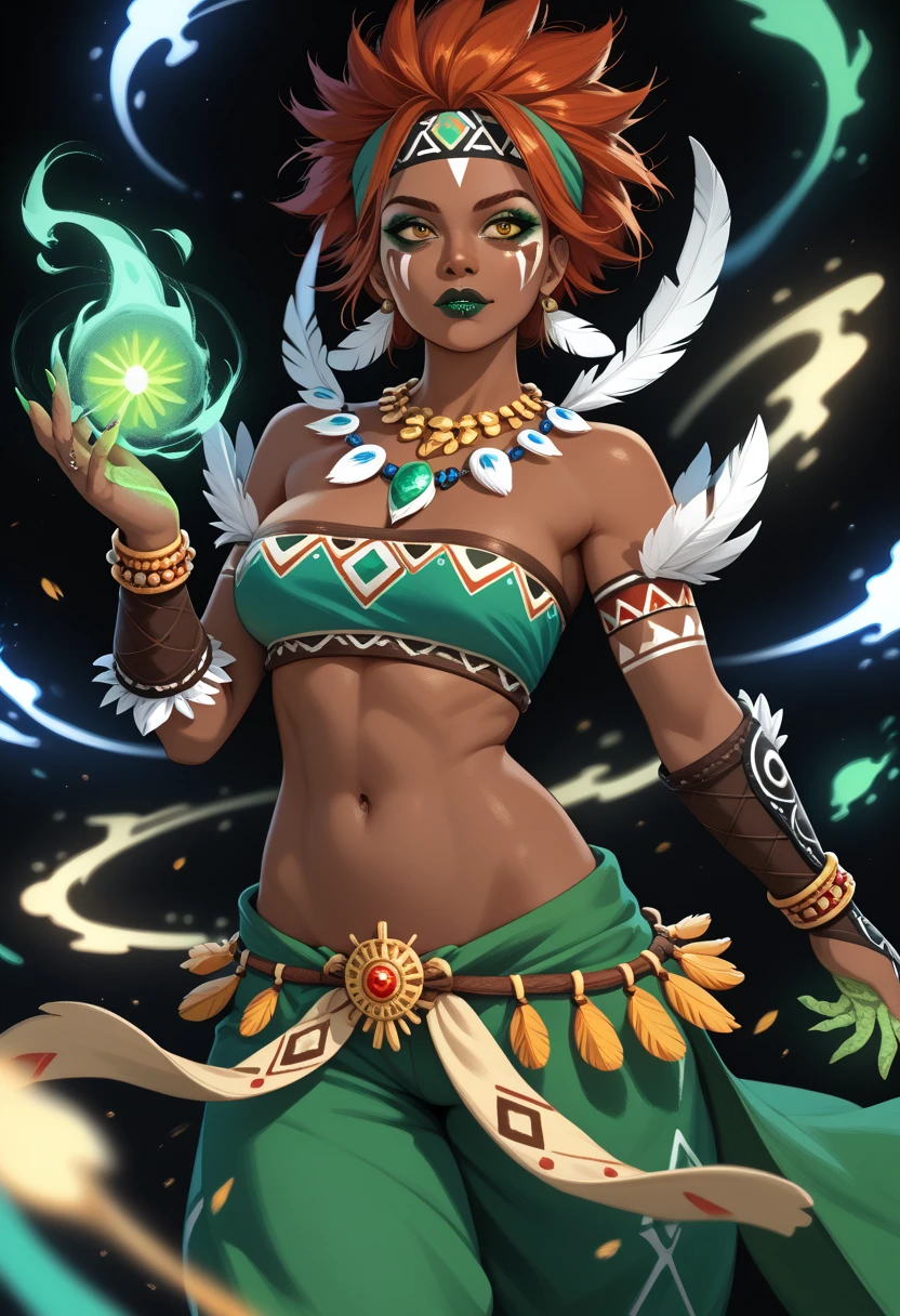 upper body, facing forward, 1gril, african woman with mane, black hair with afro, mulatto skin color, green eyes, (ninja), big chest, scarf, wallpaper, magic circle background, particles of light, green fire, emanating radiant light, realistic