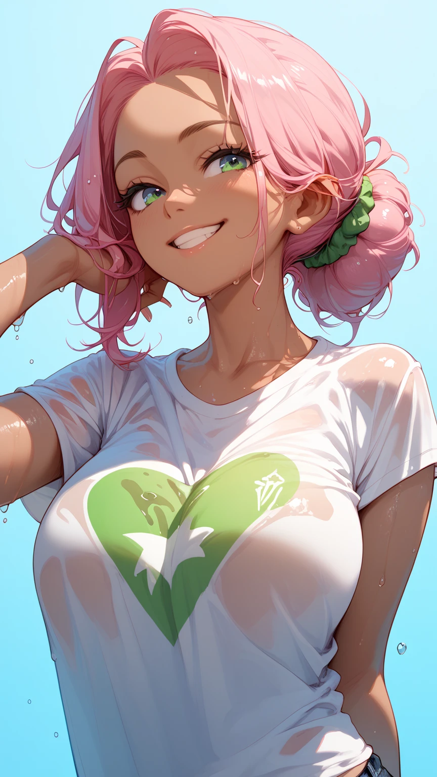 1girl , kanroji mitsuri, kimetsu no yaiba \\\\\ masterpiece, best quality, very aesthetic, absurdres, newest \\\\\\ perfect anatomy, slim body, ,perfect hands, , sweat, \\\\\\ by nyantcha, by khyle,by cutesexyrobutts, by omone hokoma agm \\\\\ , She has long, light pink hair that fades into a lime green color at the halfway point, which she wears in three thick braids. slightly pale complexion and round, pale green eyes with long eyelashes. , , white background,simple background, looking at viewer, flowers, heart shaped hands, wearing only t-shirt, rating:nsfw,oversize t-shirt, standing, love,,,,solo,, (mature female:1.2), visible panties,sexy