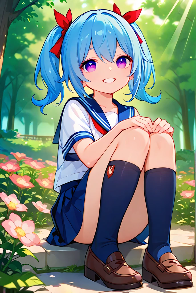 Japanese blue haired schoolgirl teen sitting on a bench while she sticks a black dildo in her vagina anime style