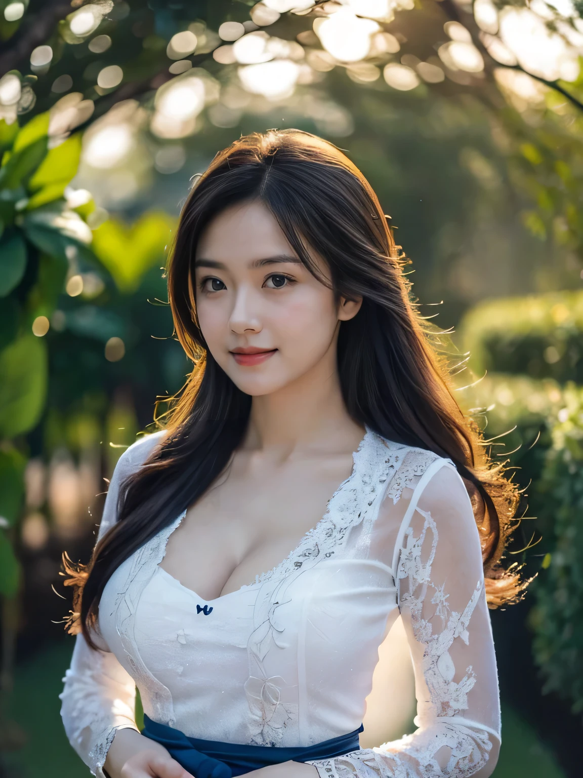 Medium close-up, (white kebaya )、(luxury kebaya ),(top-quality,​masterpiece:1.3,超A high resolution,),(ultra-detailliert,Caustics),(Photorealsitic:1.4,RAW shooting,), Cute and lovely Korean girl, realistic, ultra detail
 standing in a garden with a scarf, blushy smile, (bulged large breast), (ample cleavage),dark-haired, long messy hair, (depth of fields、chromatic abberation、Wide range of lighting、Natural Shading、 look at camera、