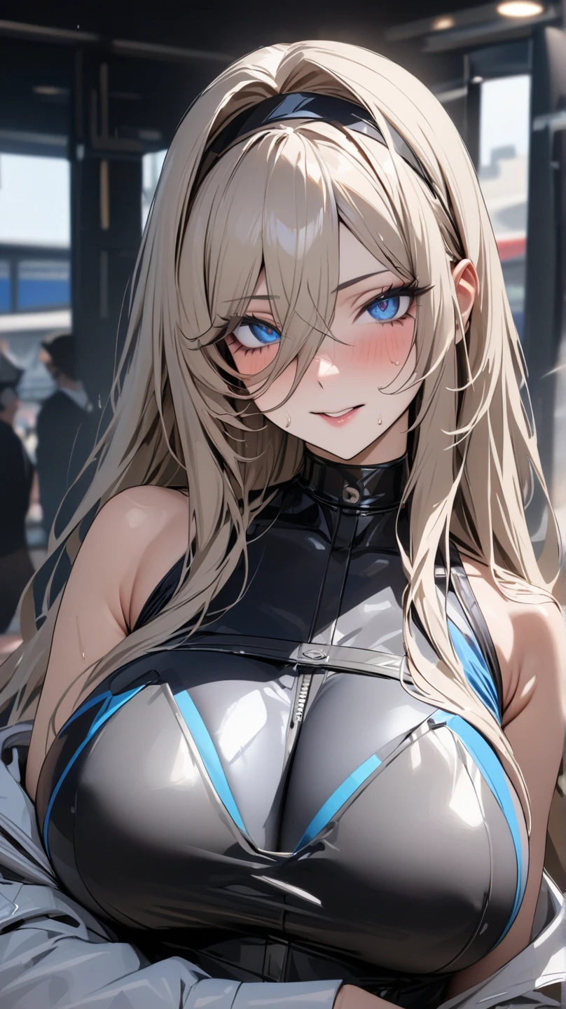 top-quality、Top image quality、masterpiece、girl with((18year old、zero suit:1.6、Bust 90、a blond、disheveled ponytail、Blue eyes、open chest wide、Happiness、Black wristband on wrist、Ear-piercing))、((perspired:1.1))A slender、hiquality、visualart、Background with((On the roof of a building))、masutepiece