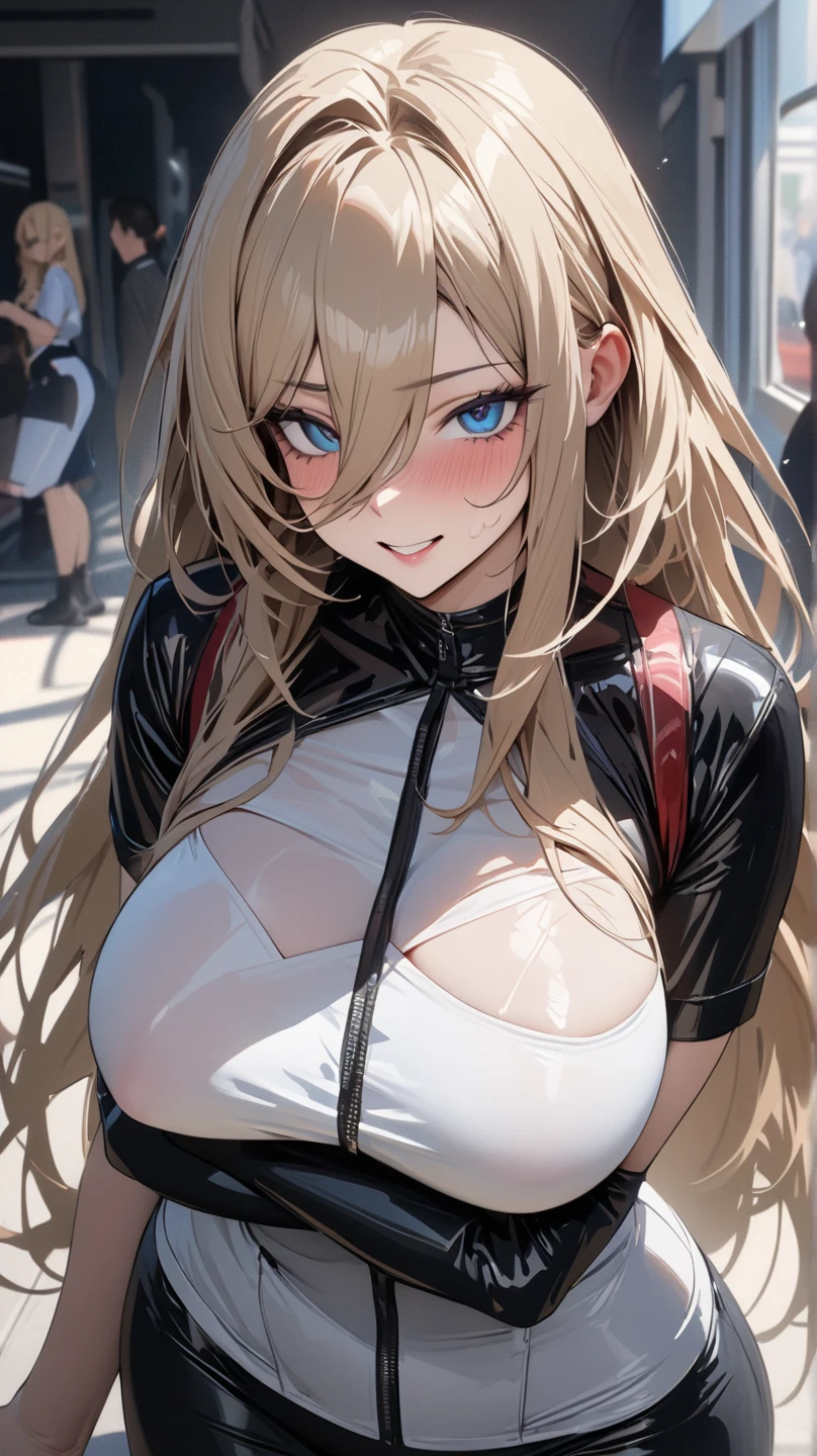 最high quality、best image quality、masterpiece、girl((20-year-old、 By becoming、vest bust、medium bust,wide open breast tea、shining eyes, blonde、long hair、thin,highest valley、ponytail、action of looking up、right arm bandage、Sportswear with a wide open chest、berry shorts、cool pose、holding a black smartphone、Cyber Sunglasses、ride a tourer bike、grin and laugh、forward leaning movement)),high quality、beautiful art、background((The road to the near future))、Flight、debris flies、Depth of written boundary、movie、visual art、perfect art、8k,genuine、