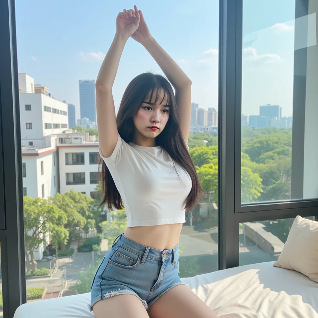 ((Top quality, 8k, Masterpiece: 1.3)), beauty. Hidden face. ((Korean girl)), Body. Slim. Thin. Captivating. ((long black hair. Necklace)). Make-up face. cream lipstick
((High heels. Sexy shorts)), ((strapless tube top)), high heels. long legs_full body. Pose unyuk unyuk. stand. stand. stand. in front of the glass window