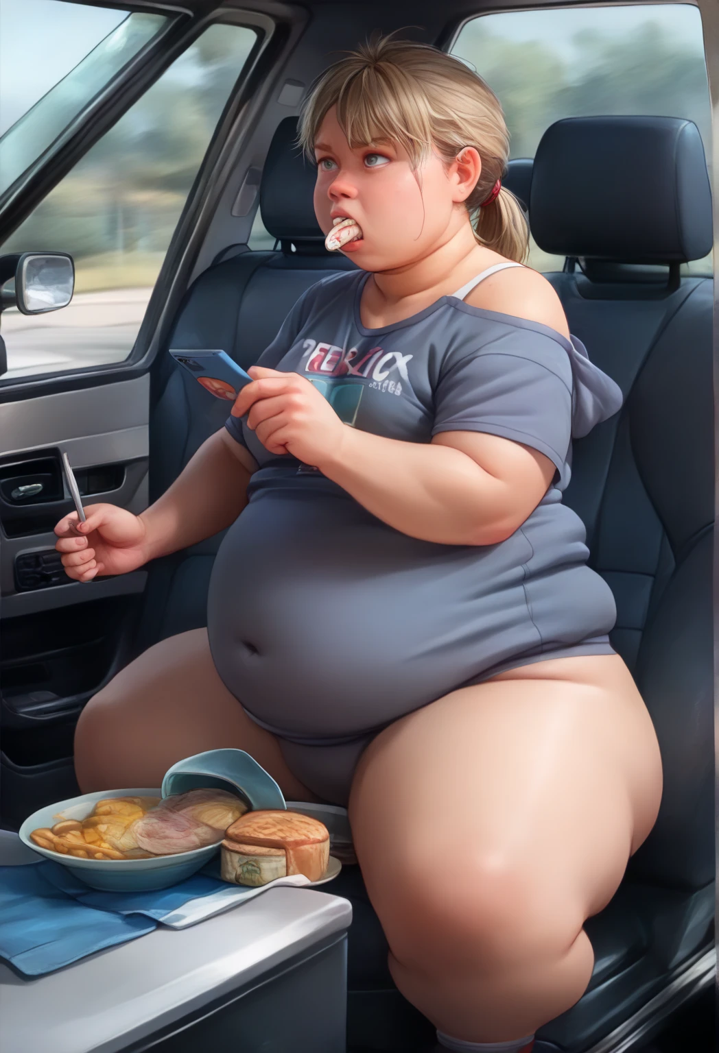 An POV photo, POV you are driving a car and an obese girl is sitting next to you, the girl is a Beautiful ginger passenger princess, with ginger hair, with big soft fat belly, thicc fat arms, thicc wide legs, sitting in a car in a car seat, in jeans and shirt